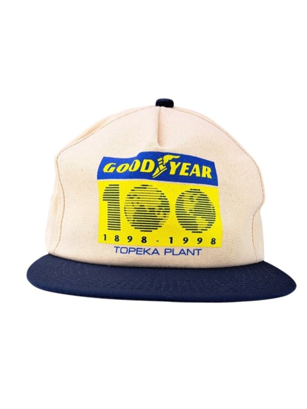 Vintage Goodyear 100th Anniversary Topeka Kansas Plant Snapback Hat Tan Blue New
